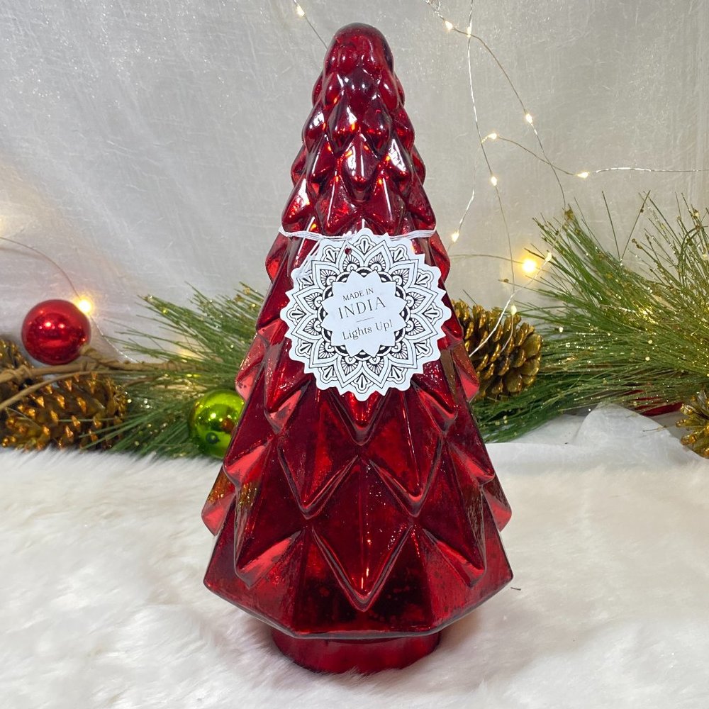RED BLOWN MERCURY GLASS Holiday CHRISTMAS TREE Led Light Up DECOR NEW 13" New